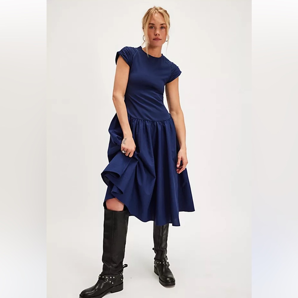 NEW Free People Afternoon Elegance Midi Dress  XS Navy Blue Coquette NO TAG